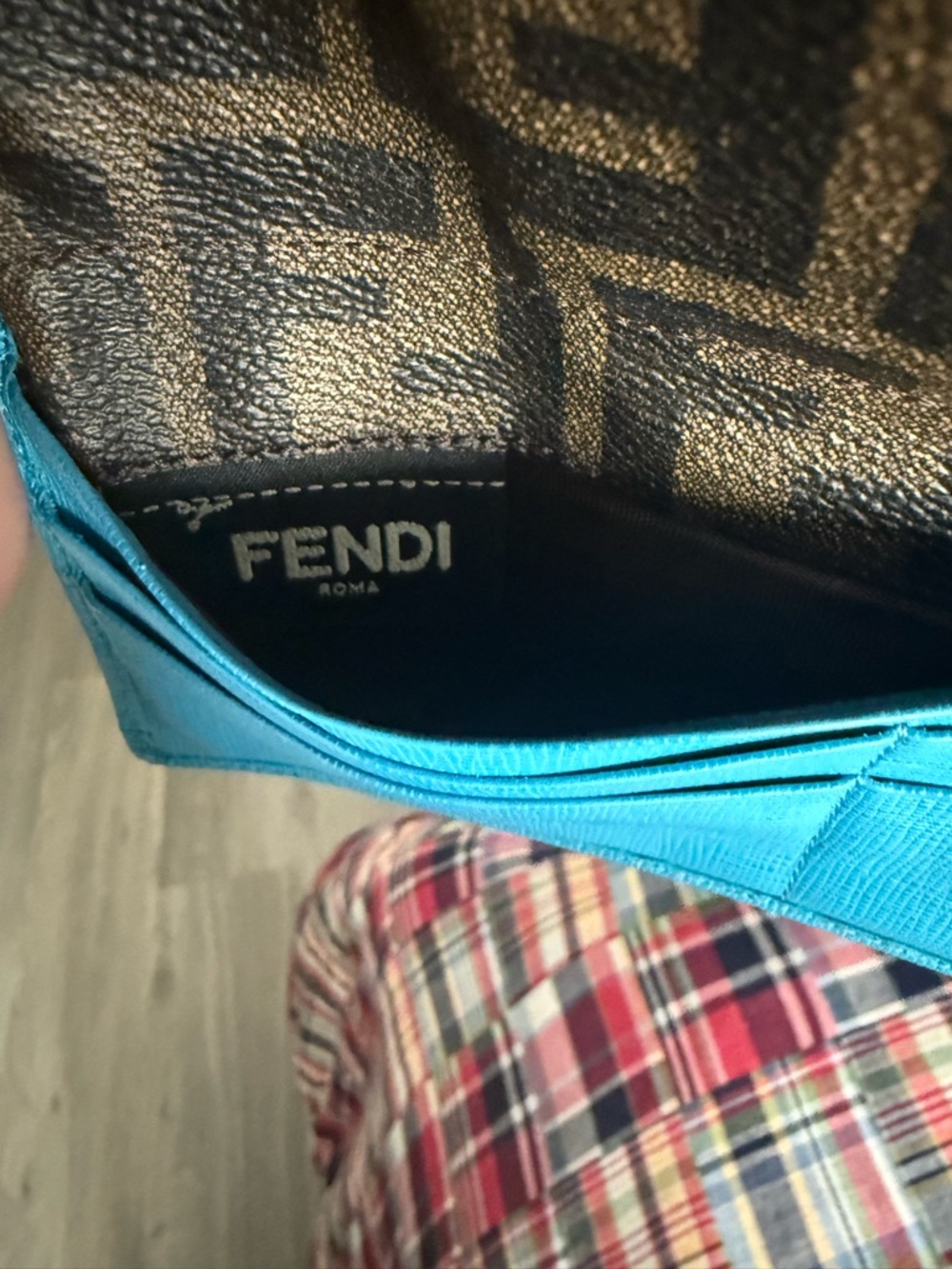 Authentic FENDI Brown Monogram Clutch with Turquoise Trim - Picture 5 of 12